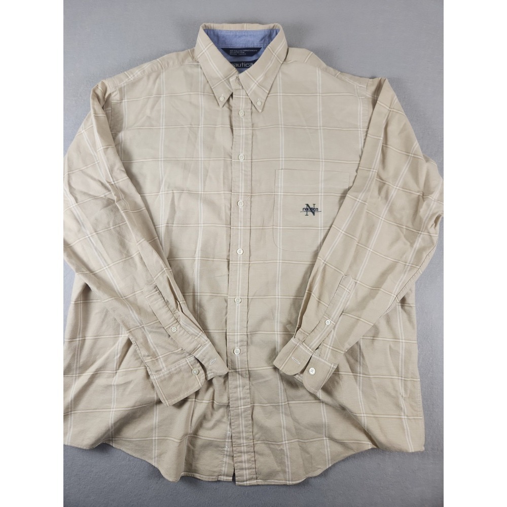 Vintage 90s NAUTICA Plaid Long Sleeve Pocket Logo Beige Shirt Size Fits XL